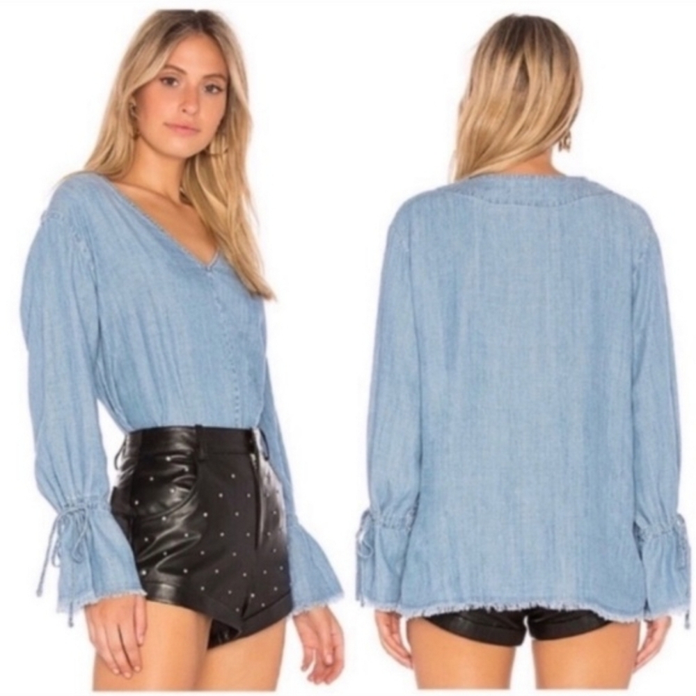 Rails Zimi Chambray Blouse Women’s Small Blue Vintage Wash Boho Tie Sleeve Light